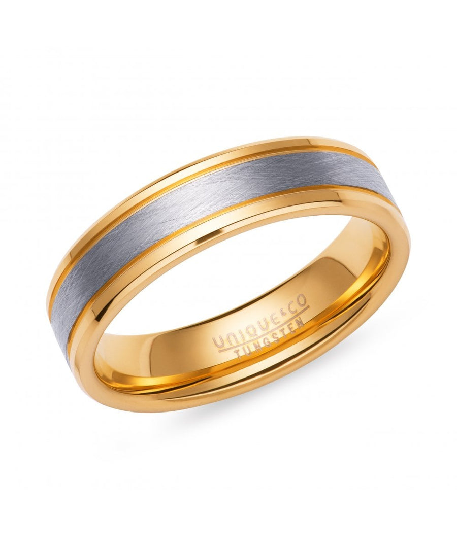 Unique Tungsten 6mm Two-Tone Gold Plated Ring