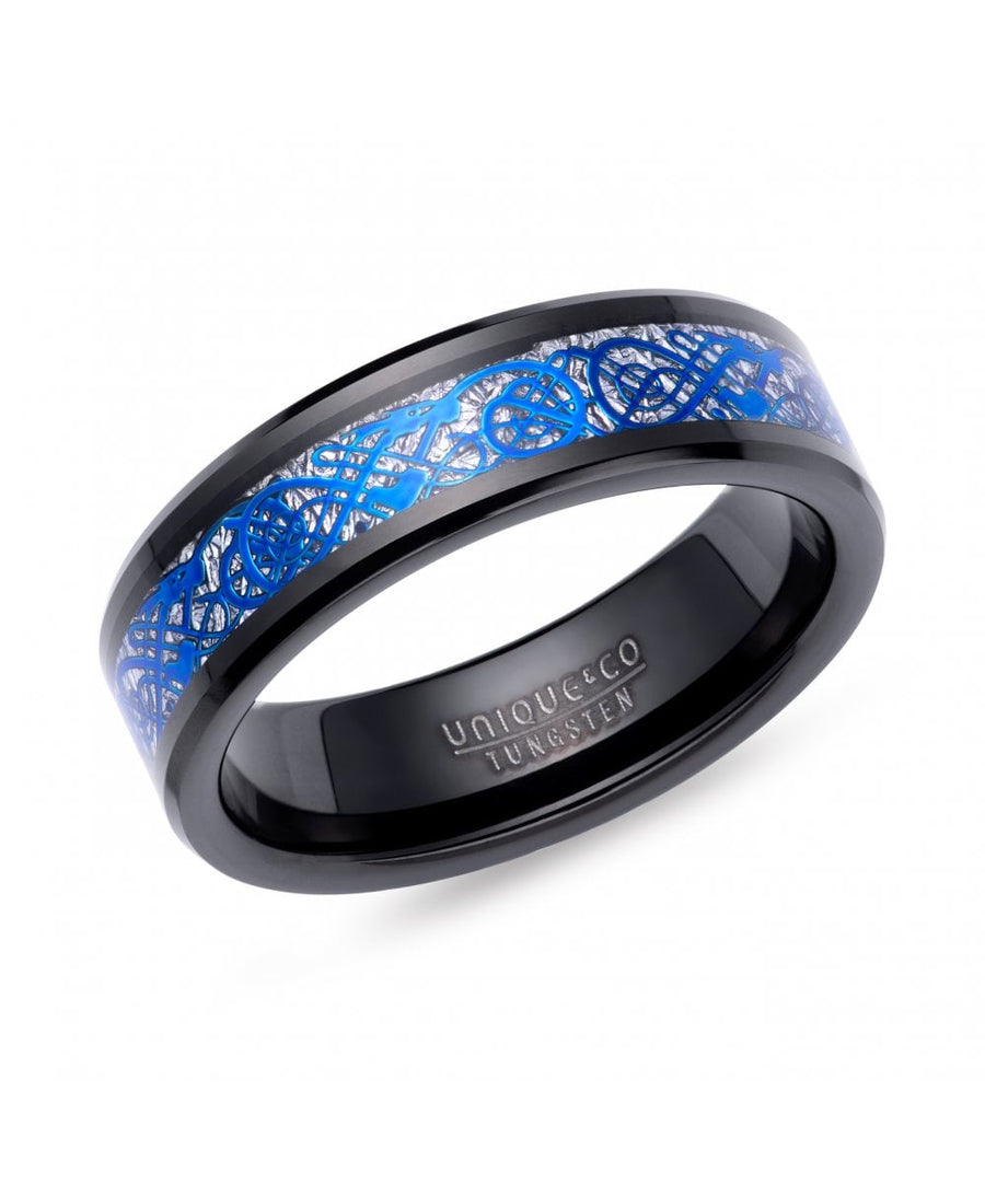 Unique Tungsten 7mm Black & Blue Meteorite Paper Inlay Ring