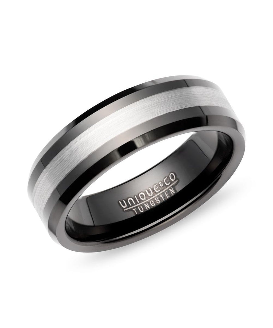 Unique Tungsten Black IP 7mm Silver Inlay Ring