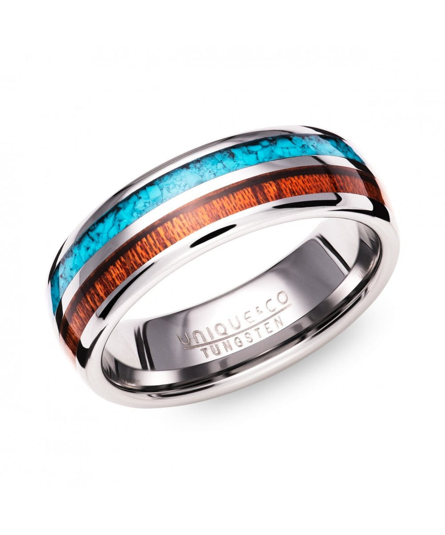 Unique Tungsten 7mm Turquoise & Wood Double Inlay Ring