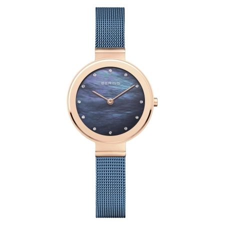 Bering Classic Teal Stainless Steel & Rose Gold Mesh Watch with Blue Mother of Pearl Dial