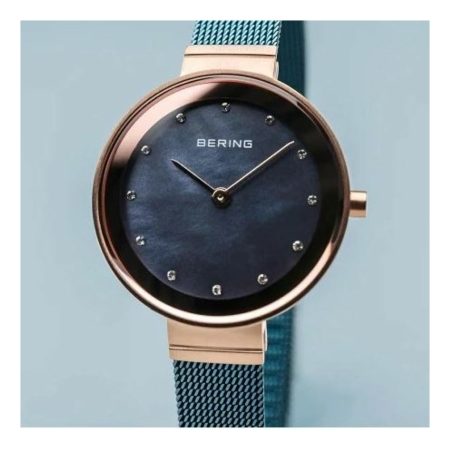 Bering Classic Teal Stainless Steel & Rose Gold Mesh Watch with Blue Mother of Pearl Dial