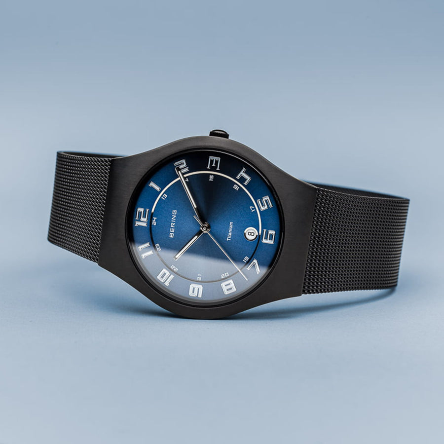 Bering Classic Black Titanium Gents Watch with Blue Dial