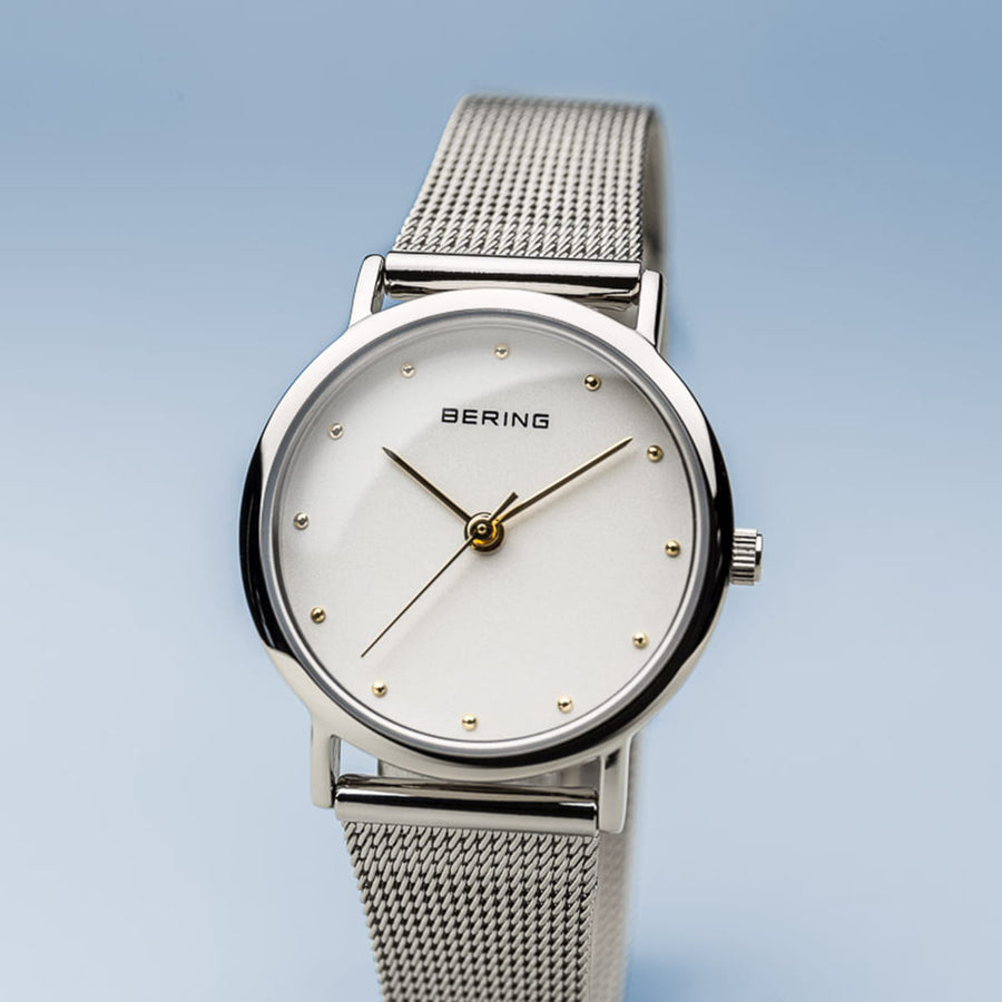 Bering Classic Stainless Steel Mesh Ladies Watch with Gold Details