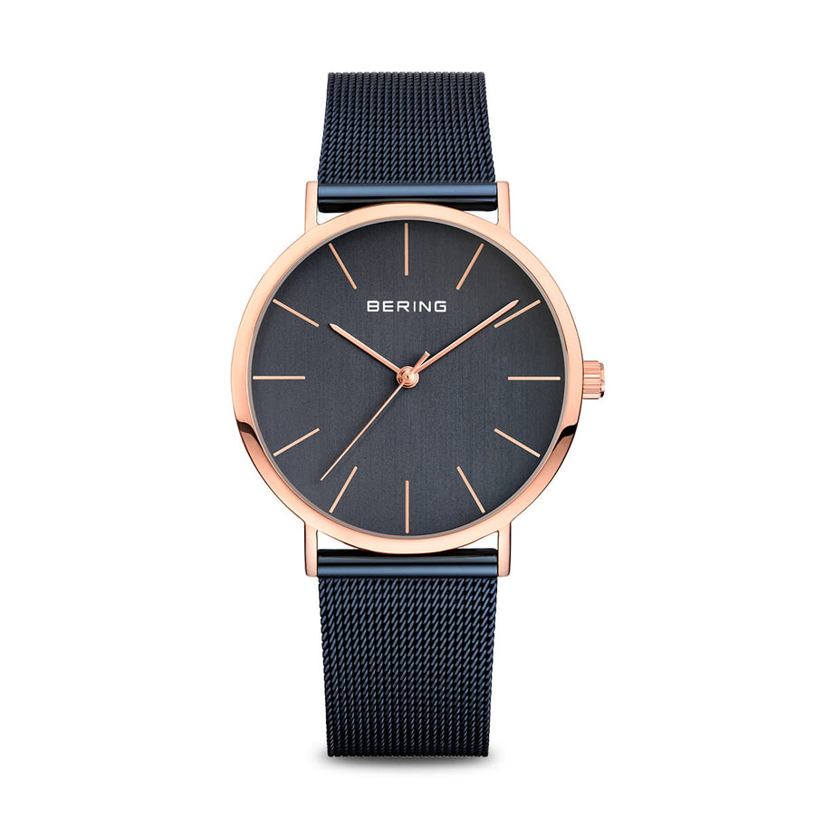 Bering Navy Stainless Steel Mesh & Rose Gold Slim Watch
