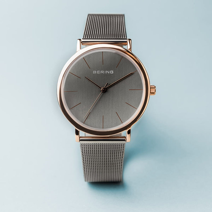 Bering Classic Rose Gold & Grey Slim Mesh Watch