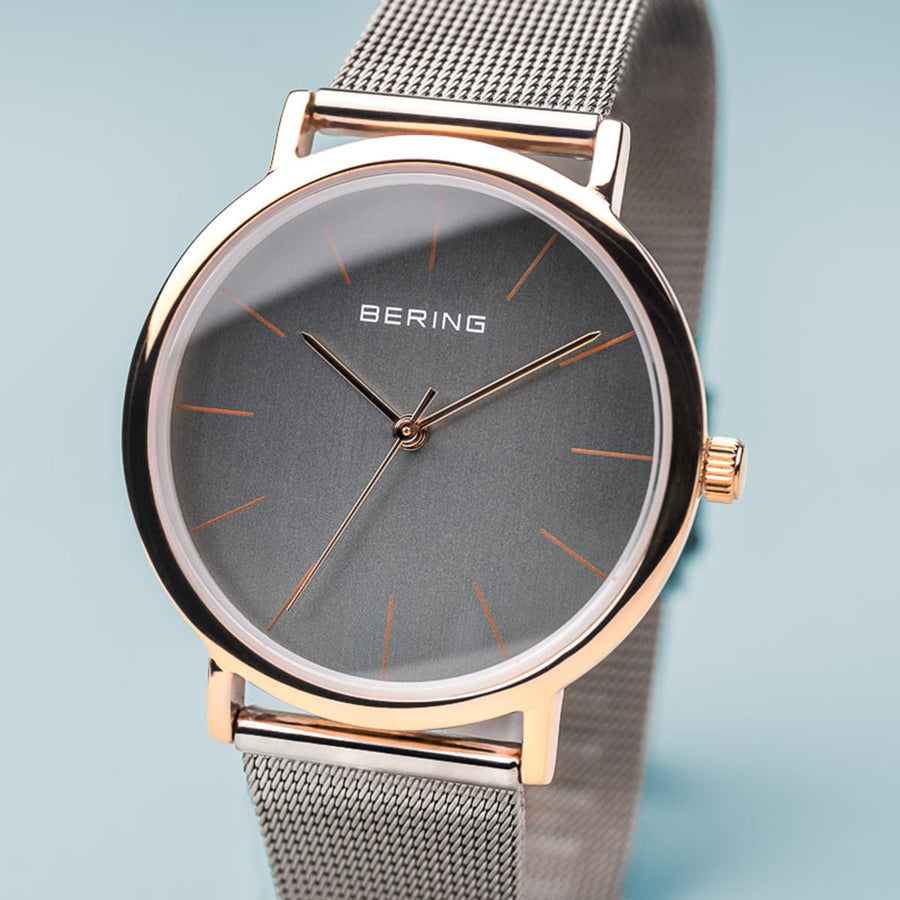 Bering Classic Rose Gold & Grey Slim Mesh Watch