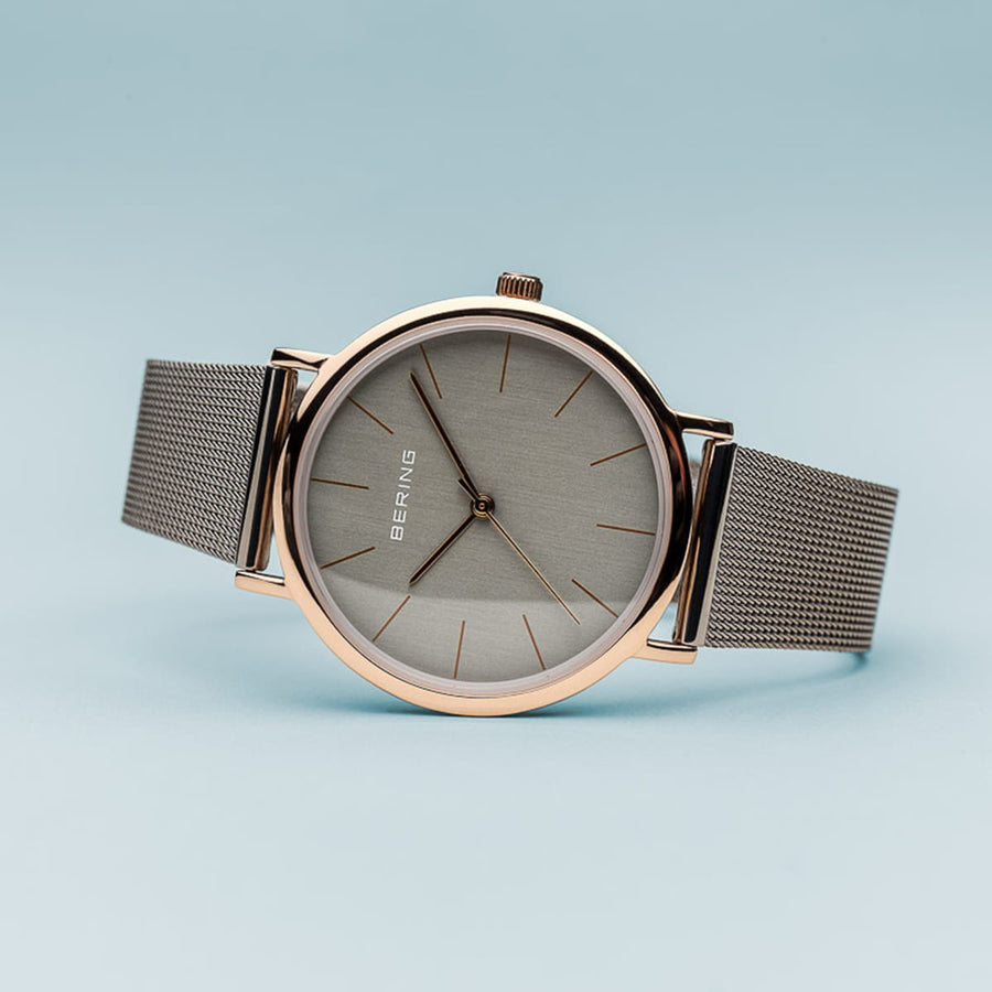 Bering Classic Rose Gold & Grey Slim Mesh Watch