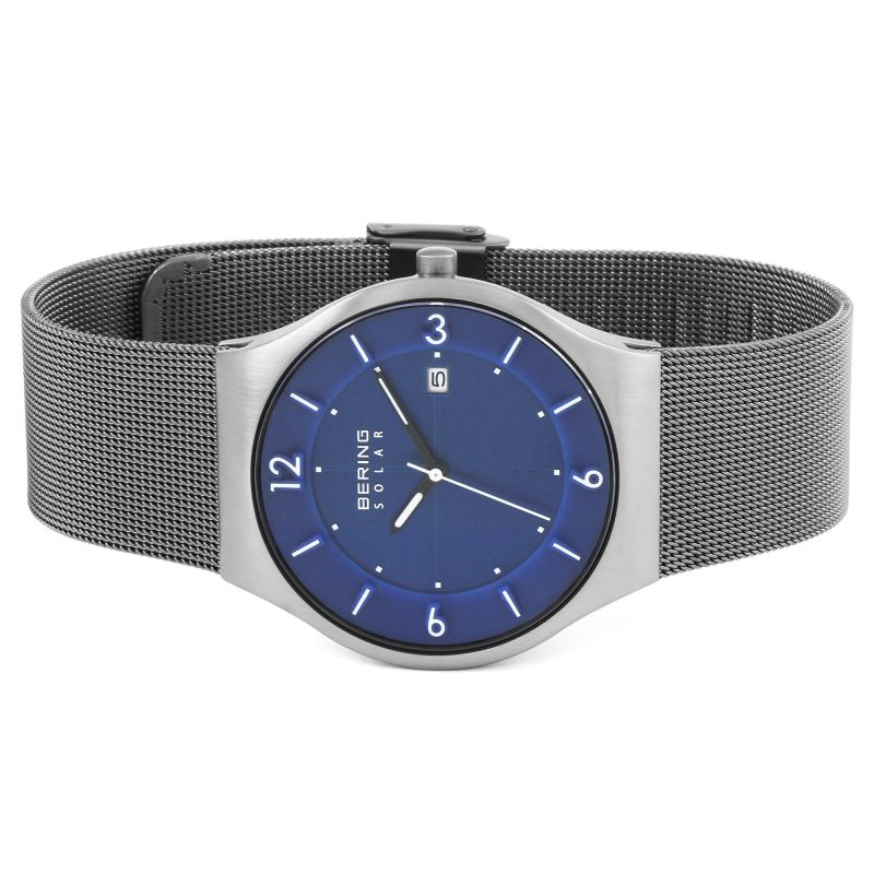 Bering Solar Grey Stainless Steel Mesh Gents Watch with Blue Dial