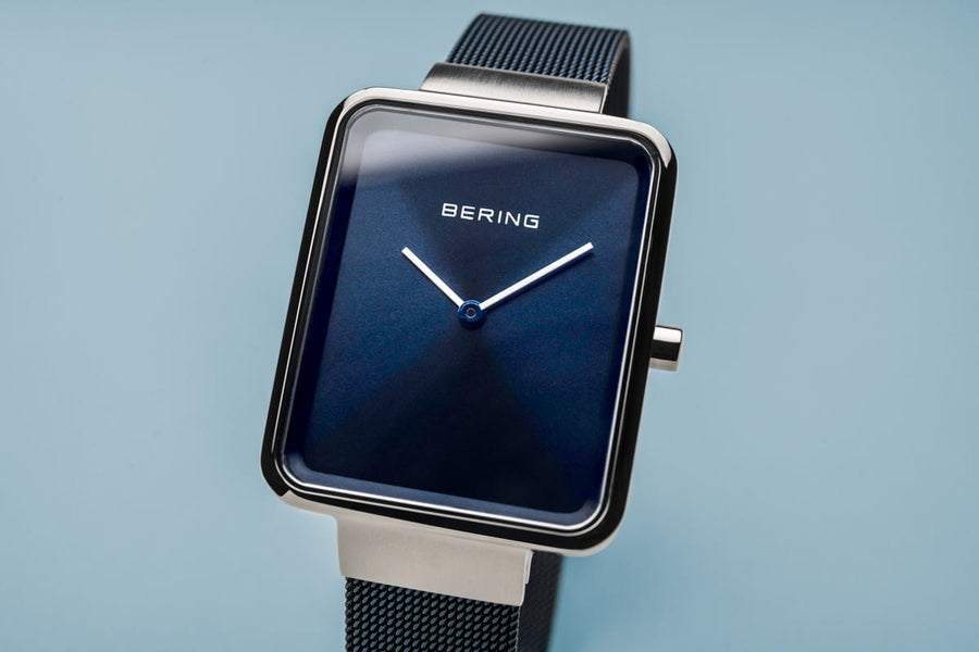 Bering Classic Blue Stainless Steel Ladies Mesh Rectangular Watch with Blue Dial