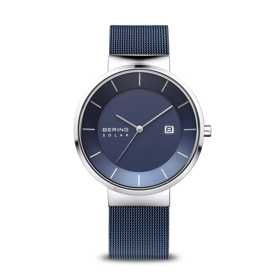 Bering Solar Blue Stainless Steel Mesh Watch with Blue Dial