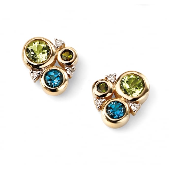 9ct Yellow Gold Blue Topaz, Peridot, Tourmaline & Diamond Studs