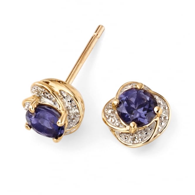 9ct Yellow Gold Iolite and Diamond Stud Earrings