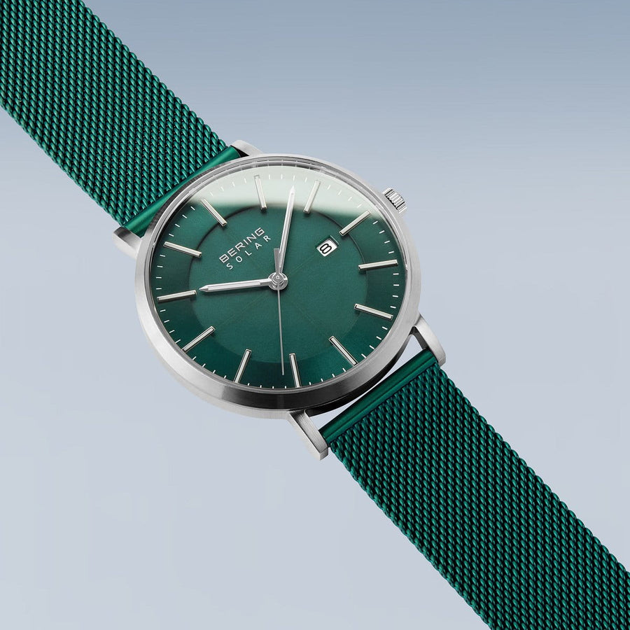 Bering Green Stainless Steel Mesh Solar Watch with Green Dial