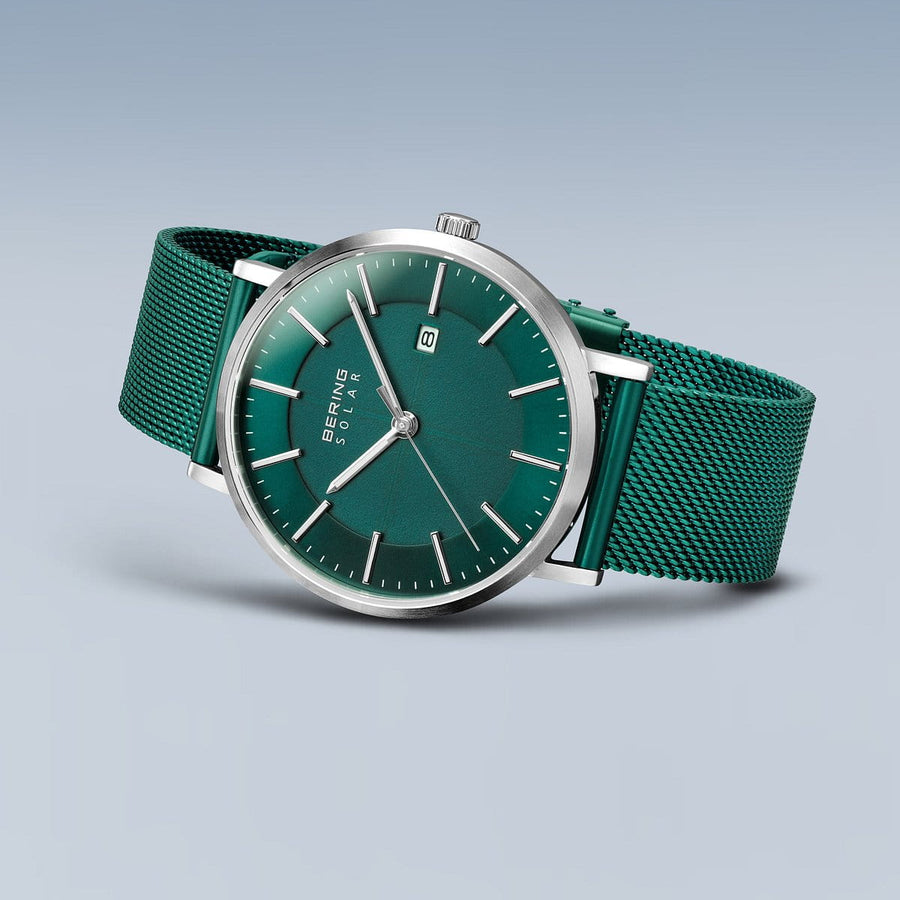 Bering Green Stainless Steel Mesh Solar Watch with Green Dial