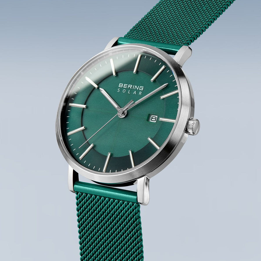 Bering Green Stainless Steel Mesh Solar Watch with Green Dial