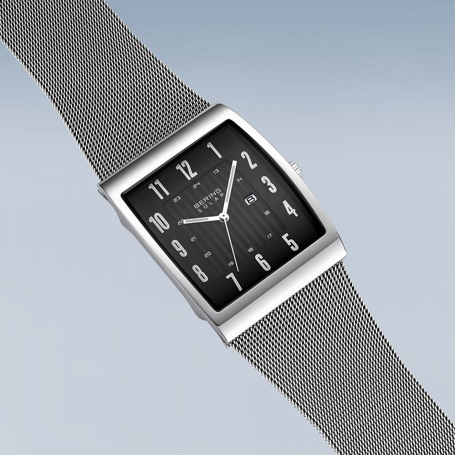 Bering Solar Stainless Steel Rectangular Watch with Black Dial