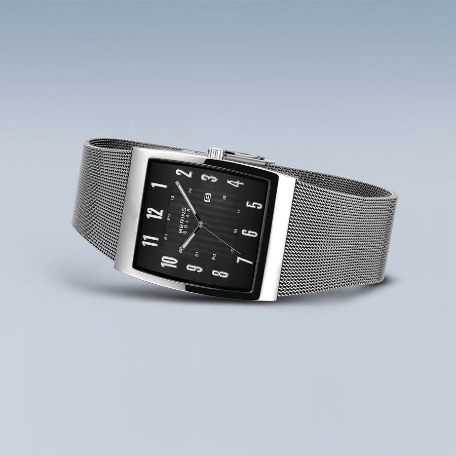 Bering Solar Stainless Steel Rectangular Watch with Black Dial