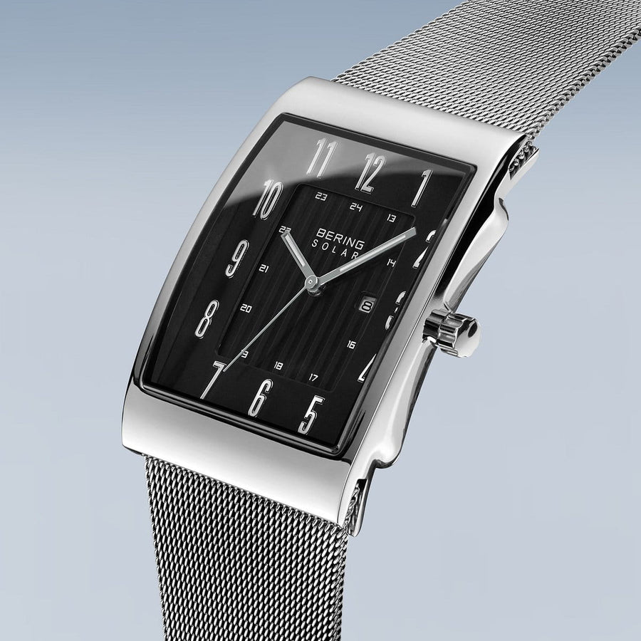 Bering Solar Stainless Steel Rectangular Watch with Black Dial