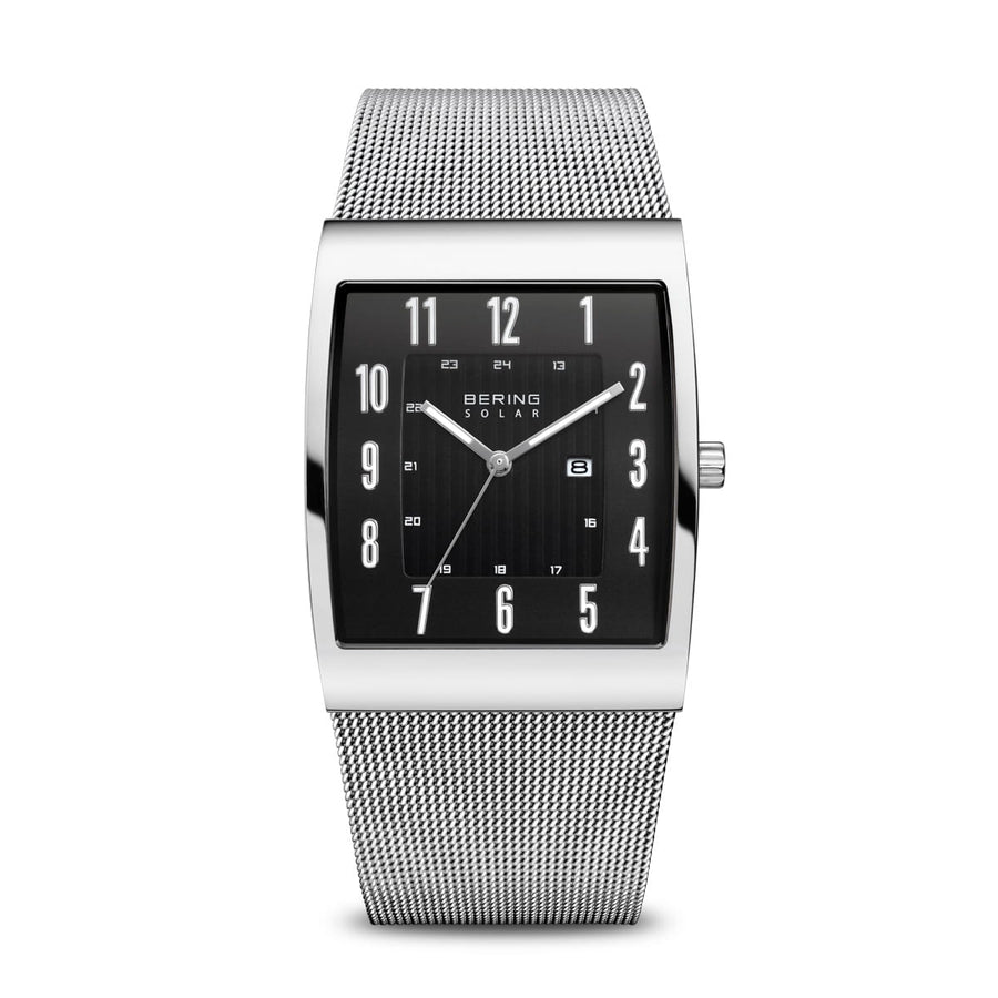 Bering Solar Stainless Steel Rectangular Watch with Black Dial