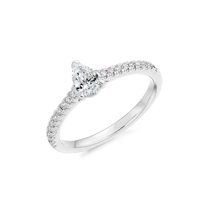 Platinum 0.30ct F SI1 Pear Cut Diamond & Stone Set Shoulders Ring