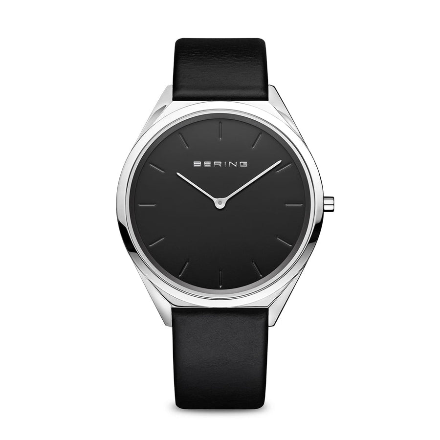 Bering Stainless Steel Watch with Black Leather Strap