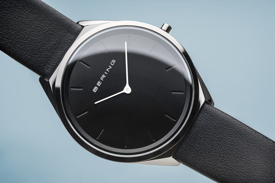 Bering Stainless Steel Watch with Black Leather Strap