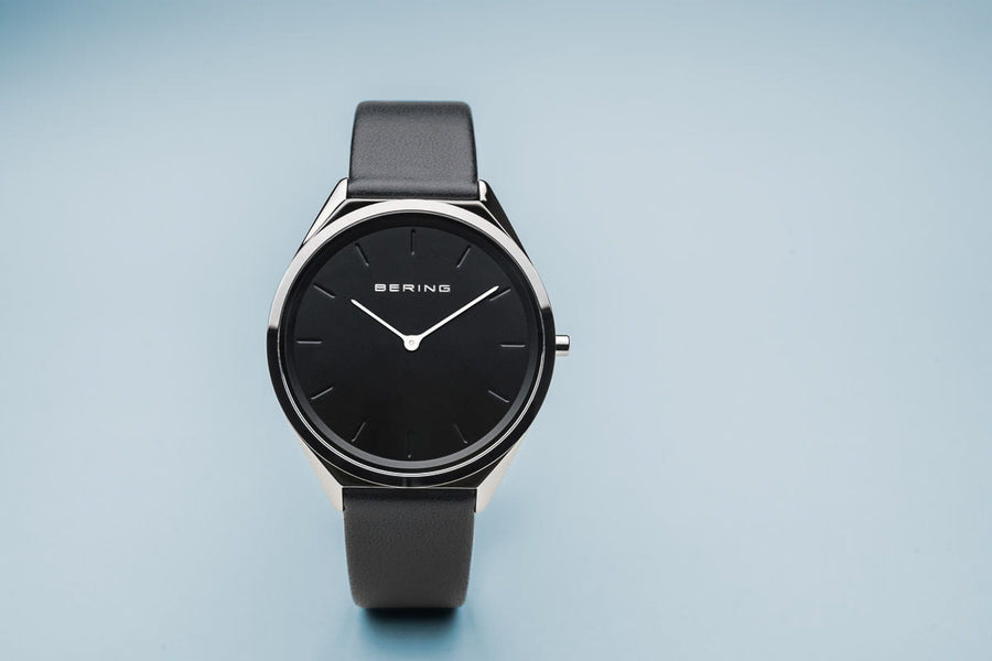 Bering Stainless Steel Watch with Black Leather Strap