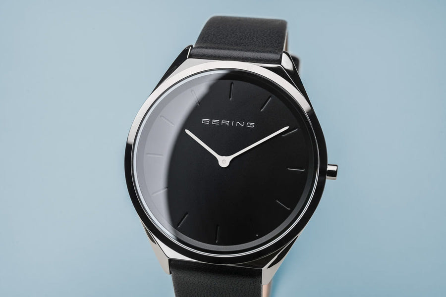 Bering Stainless Steel Watch with Black Leather Strap