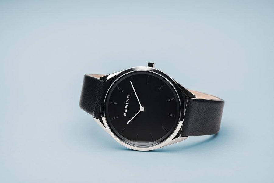 Bering Stainless Steel Watch with Black Leather Strap