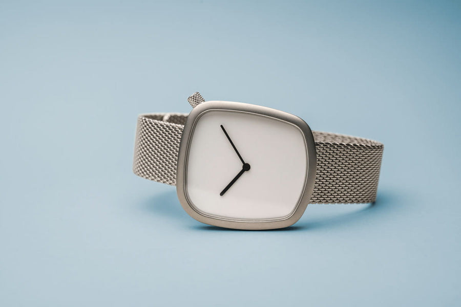 Bering Stainless Steel Mesh Pebble Watch with White Dial