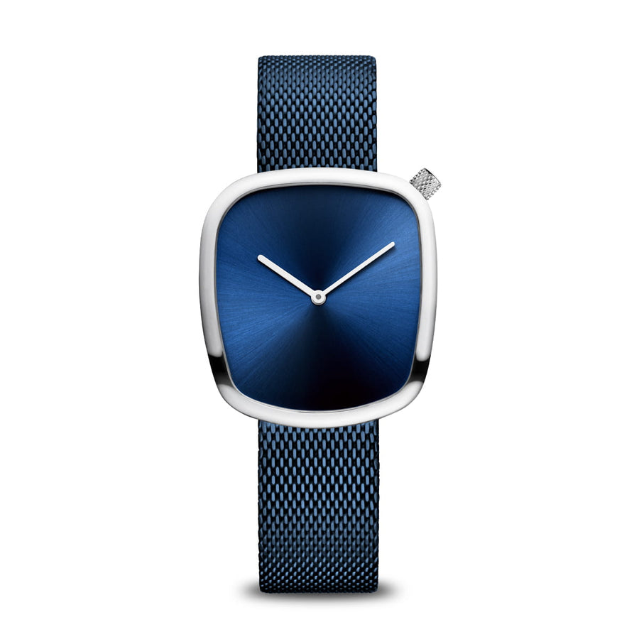 Bering Blue Stainless Steel Mesh Pebble Watch with Blue Dial