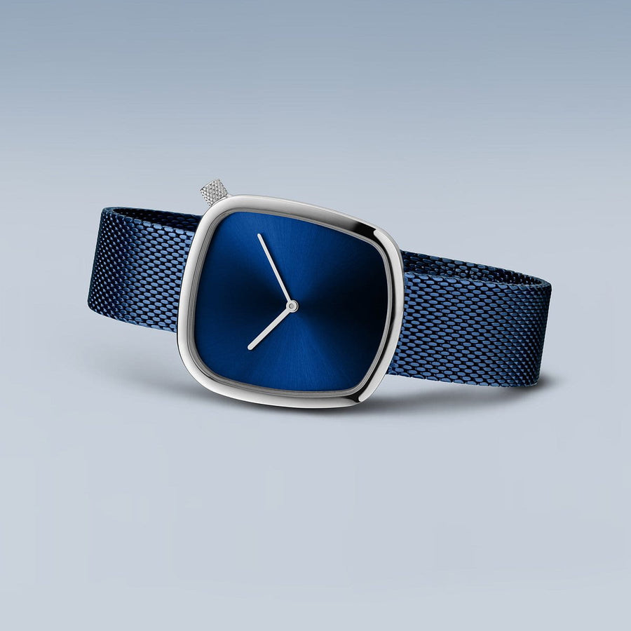Bering Blue Stainless Steel Mesh Pebble Watch with Blue Dial