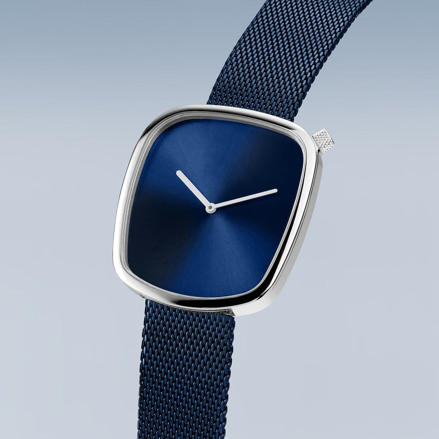 Bering Blue Stainless Steel Mesh Pebble Watch with Blue Dial
