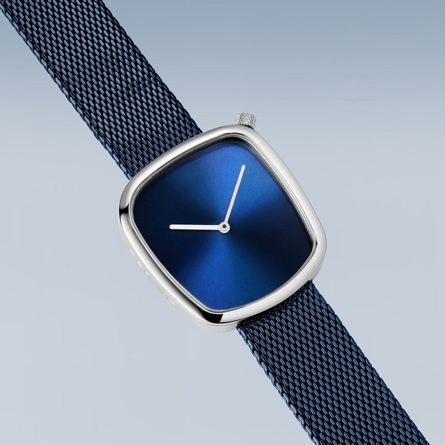 Bering Blue Stainless Steel Mesh Pebble Watch with Blue Dial