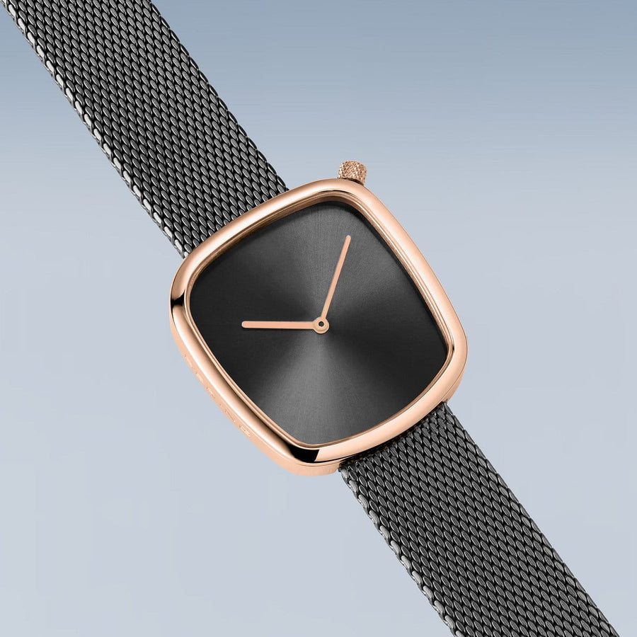 Bering Rose Gold & Grey Stainless Steel Mesh Pebble Watch with Grey Dial