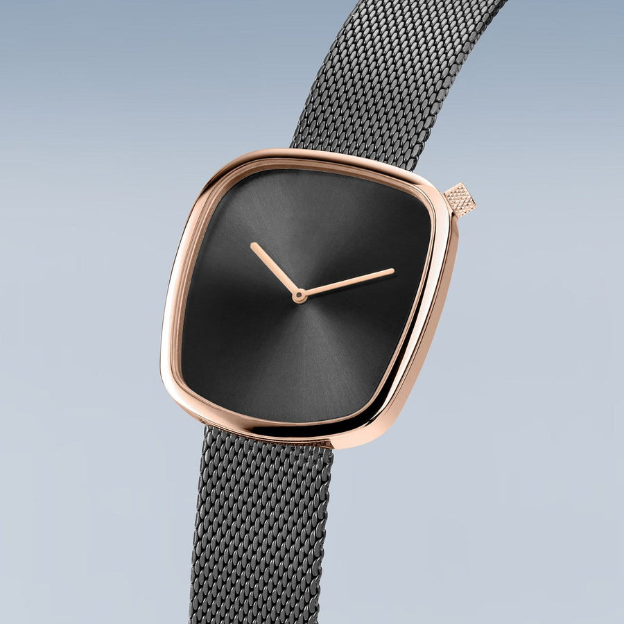Bering Rose Gold & Grey Stainless Steel Mesh Pebble Watch with Grey Dial