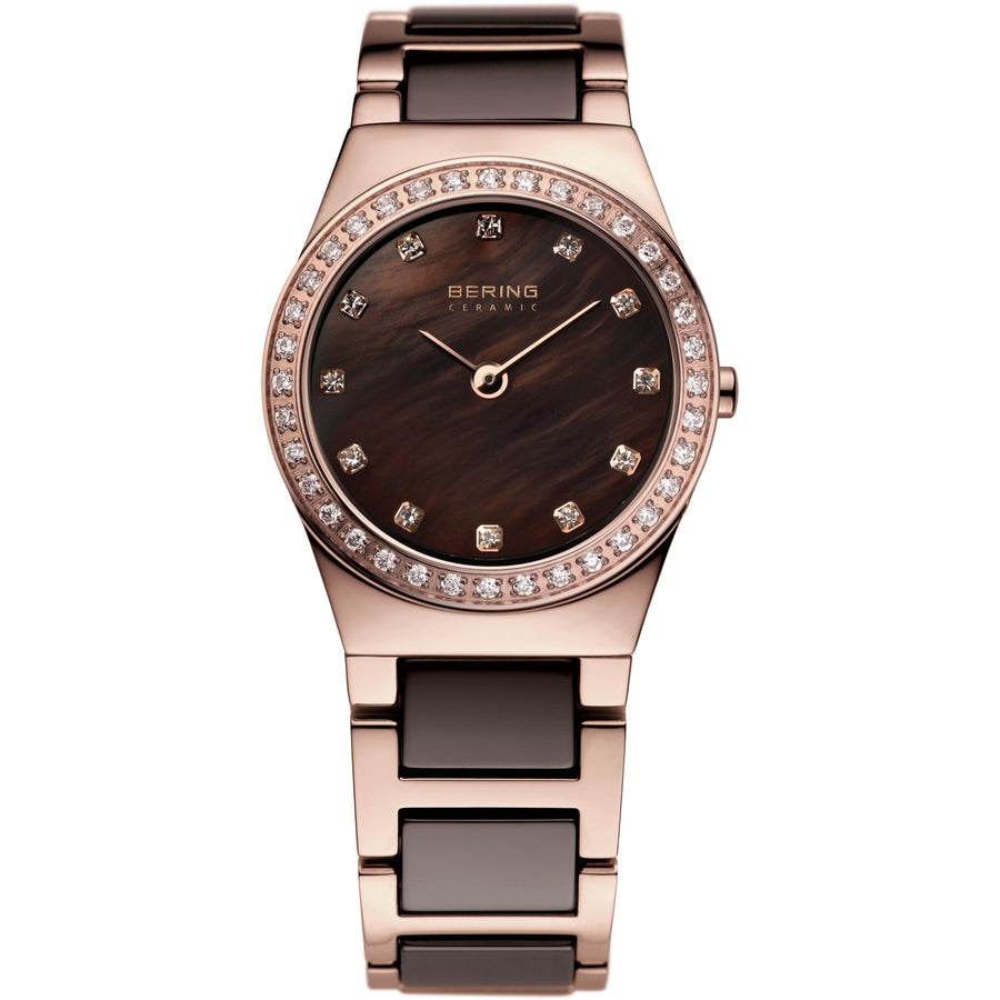 Bering Brown Ceramic and Rose Gold Watch with Swarovski Crystal Bezel