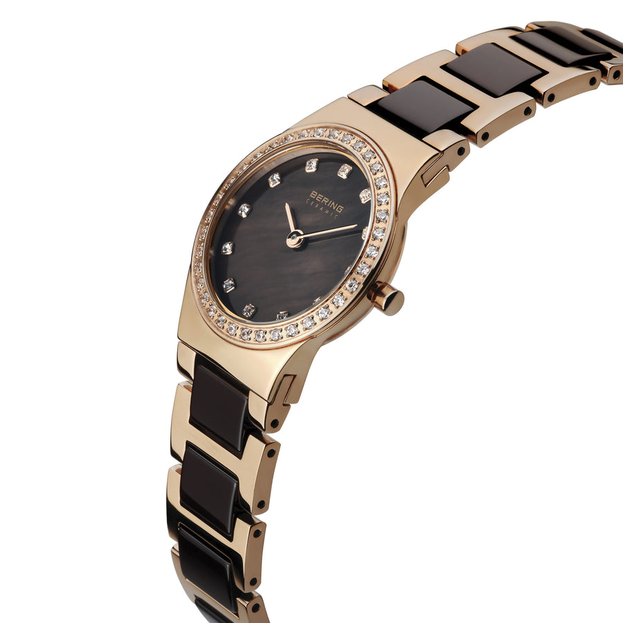 Bering Brown Ceramic and Rose Gold Watch with Swarovski Crystal Bezel