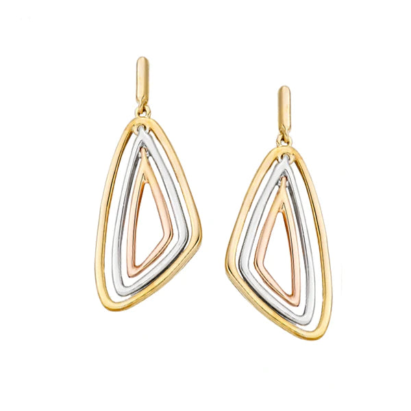 9ct Three Colour Gold Triangular Drop Earrings