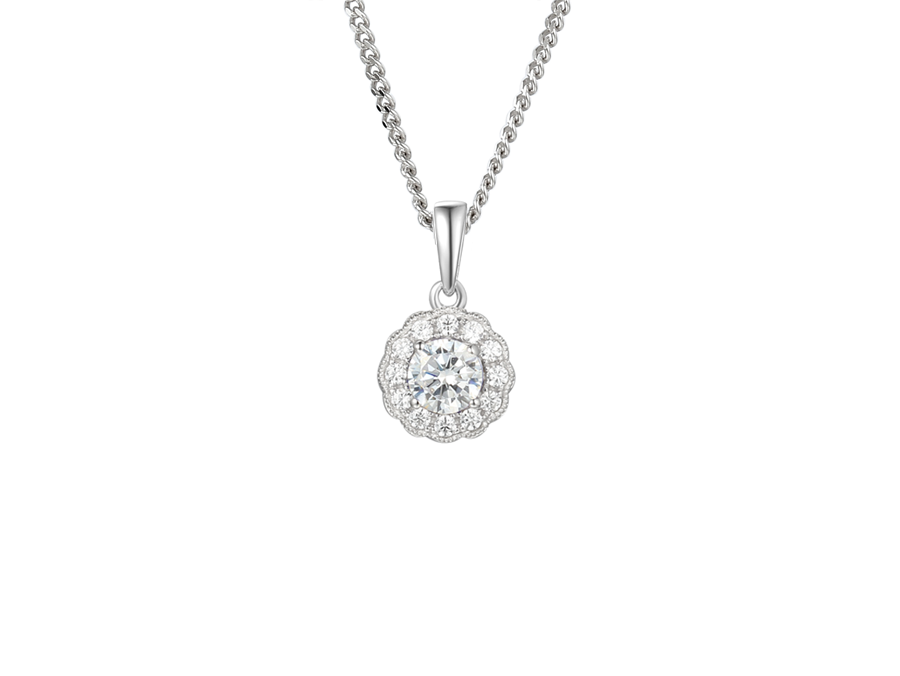 Amore Argento Sterling Silver CZ Halo Cluster Pendant and Chain