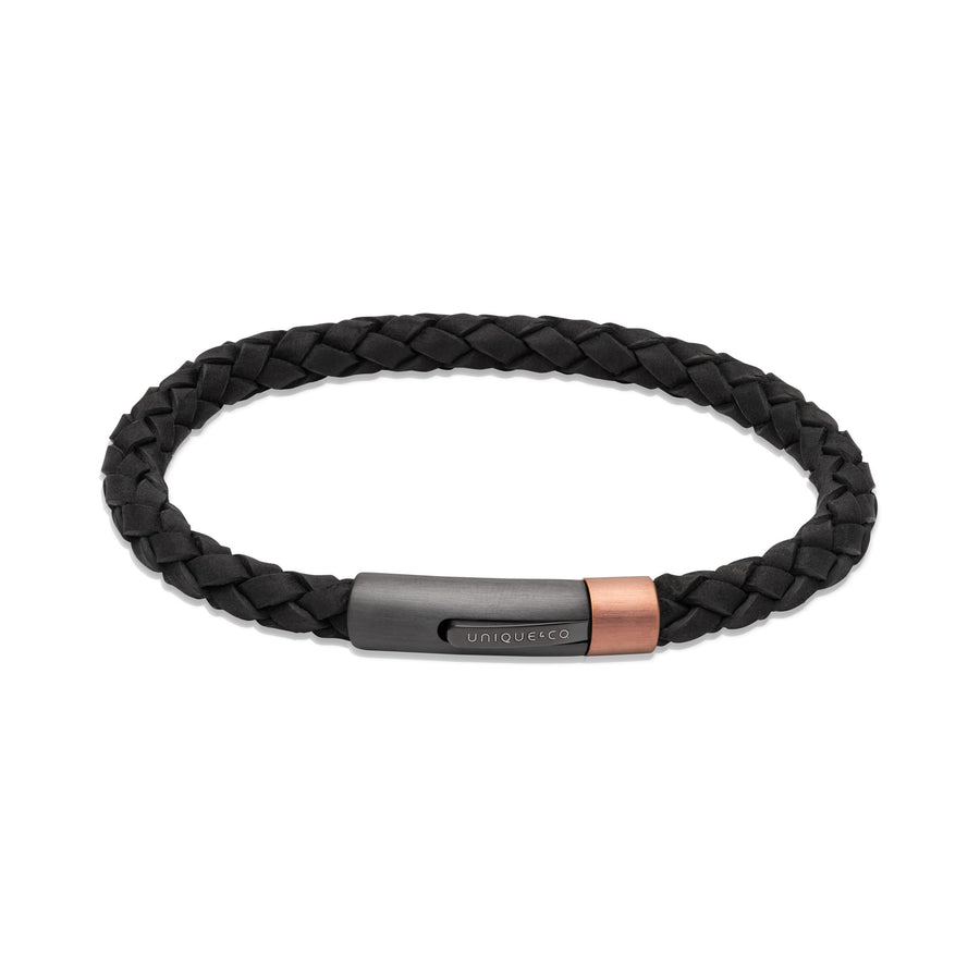 Unique Black Woven Leather Bracelet & Steel Clasp