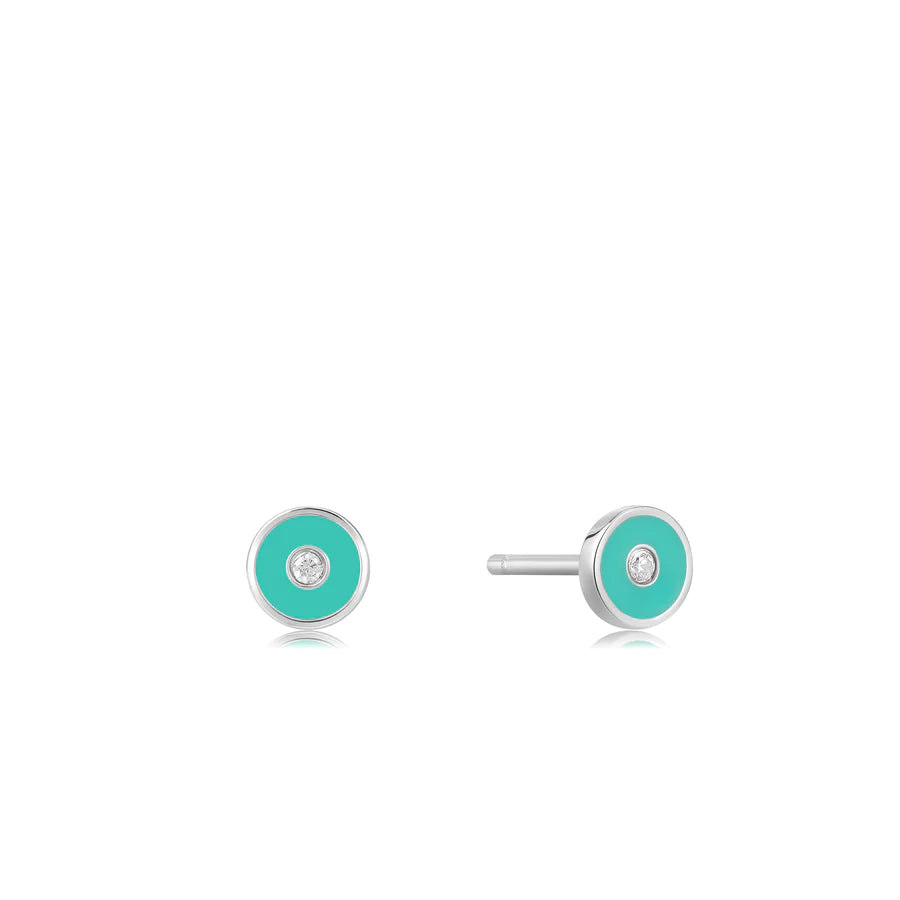 Ania Haie Teal Enamel & CZ Disc Silver Stud Earrings