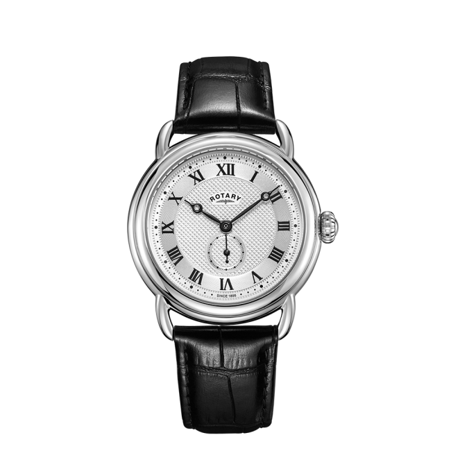 Rotary Gents Stainless Steel 'Canterbury' Black Leather Strap Watch