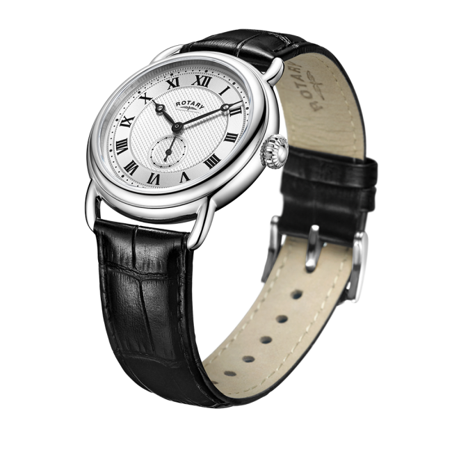 Rotary Gents Stainless Steel 'Canterbury' Black Leather Strap Watch