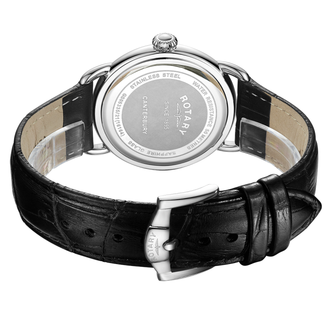 Rotary Gents Stainless Steel 'Canterbury' Black Leather Strap Watch
