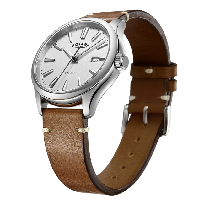 Rotary Gents Stainless Steel 'Oxford' Brown Strap Watch