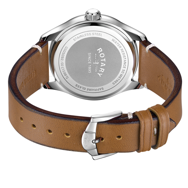 Rotary Gents Stainless Steel 'Oxford' Brown Strap Watch