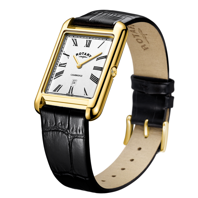 Rotary Gents Gold Plated Rectangular Case Black Leather Strap Watch