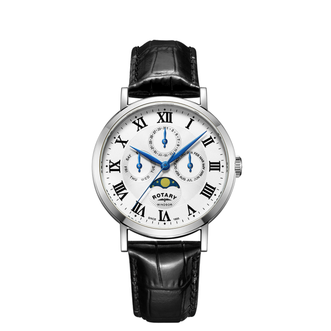 Rotary Gents Moonphase Black Leather Strap Watch
